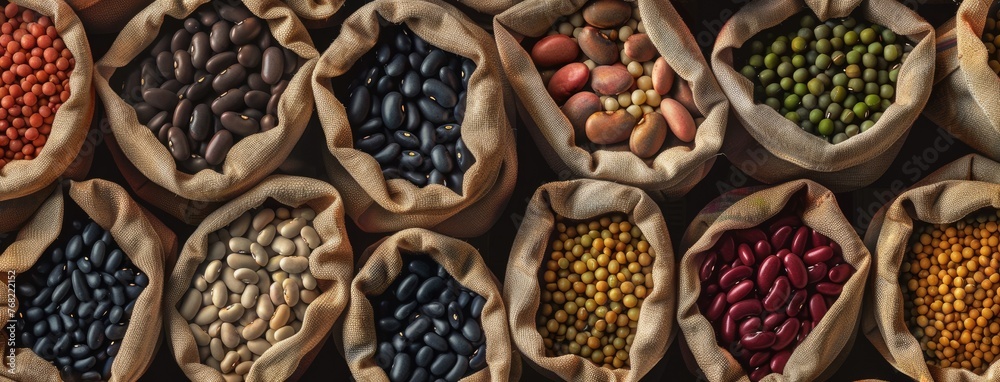burlap bags overflowing with a diverse array of beans, including black, red, yellow long-legged, green round-shaped goldenuki, brown, navy blue, yellow, and white varieties. - obrazy, fototapety, plakaty 