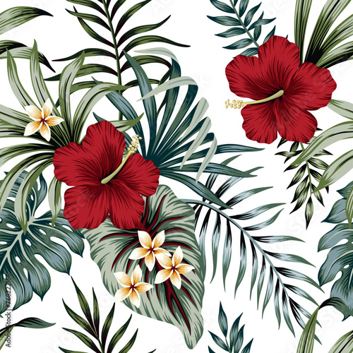 Tropical red hibiscus flower, palm leaves seamless pattern. Exotic jungle wallpaper.	