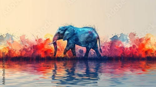 Background is splashed with textured watercolor elephant illustration.