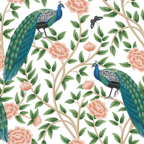Peacock bird, butterfly, pink rose tree floral seamless pattern white background. Chinoiserie wallpaper.	
