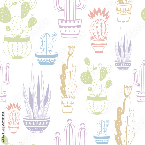 Various hand-drawn cacti in pots. Doodle Indoor plants. Colorful graphic vector seamless pattern
