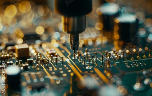 High-precision soldering iron focuses on a circuitry point, casting a warm glow amidst a sea of bokeh highlights.