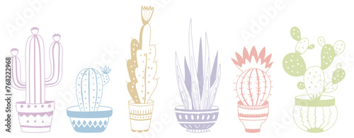 Various hand-drawn cacti in pots. Set of 6 indoor plants in doodle style. Color graphic vector illustration