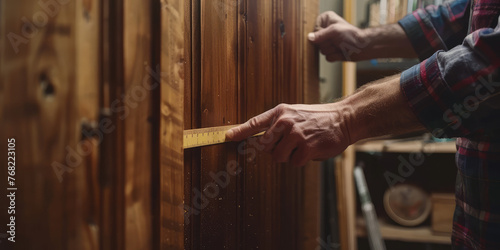 Close-up male employee measuring dimensions of a door, doorway. Background for door installation company, free visit of measuring technician.
