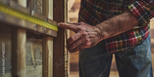 Close-up male employee measuring dimensions of a door, doorway. Background for door installation company, free visit of measuring technician.