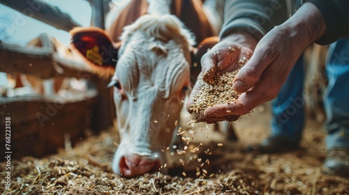 a farmer's hands feeding grain to cows inside a barn, the tactile interaction as a cow's mouth delicately takes the grain from the farmer's hand.