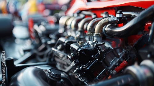 Detailed view of a classic V8 engine block with shiny chrome valve covers and exhaust headers