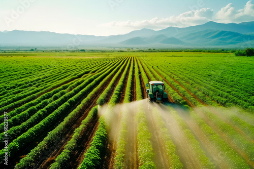 Agriculture tractor spraying fertilizer on agricultural field