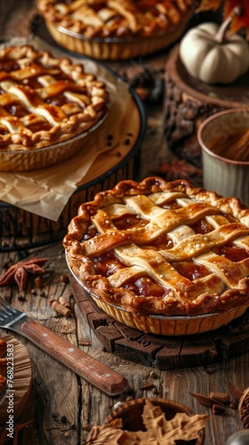 Artisanal apple pie with a woven lattice crust, resting on a rustic backdrop adorned with autumnal decorations, evoking festive warmth.