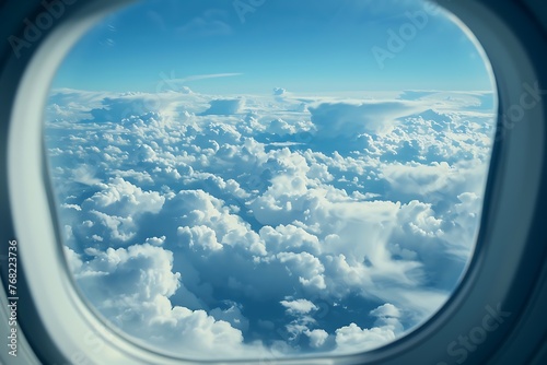 Majestic aerial view of fluffy white clouds under clear blue sky from airplane window photo