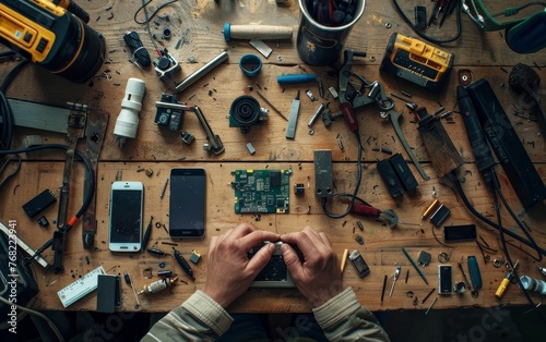 A man is working on a broken cell phone on a cluttered table. The table is filled with various tools and electronic components, including a keyboard, a cell phone, and a camera. photo