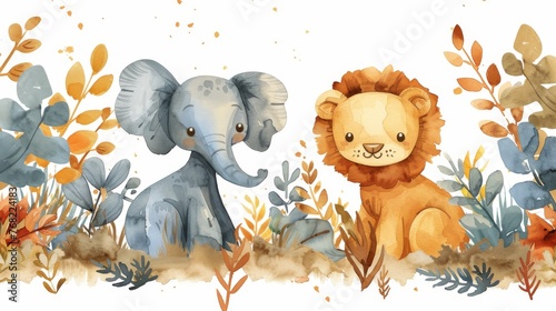 The nursery decor is filled with safari animals watercolor illustrations including a baby elephant, a lion, and tropical jungle foliage.