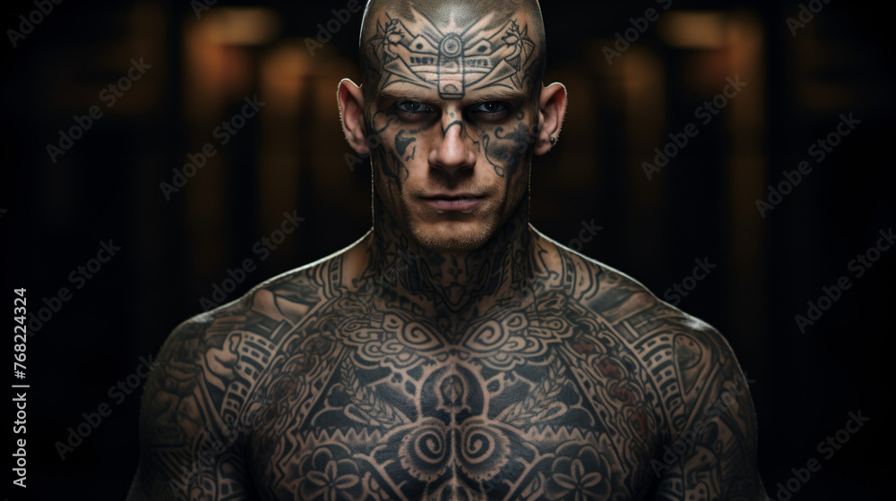 Portrait of a tattooed man with tattoos on his body.