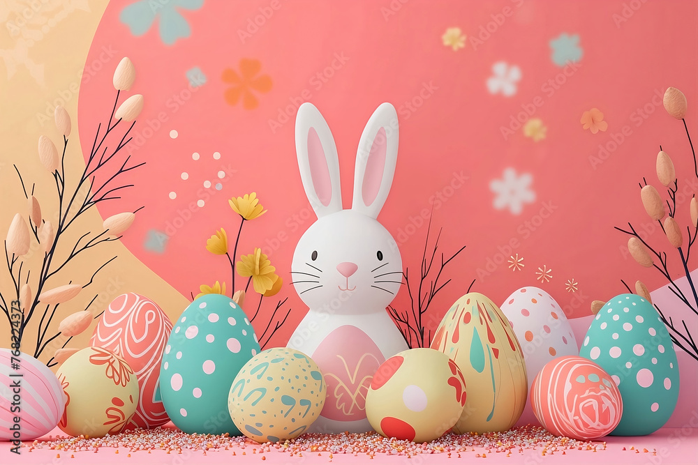 White Easter bunny with pink ears on a light blue and light red background. Colorful Easter eggs as decoration.
