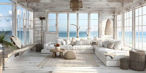 Whitewashed coastal product showcase with driftwood accents, nautical rope, and panoramic ocean views