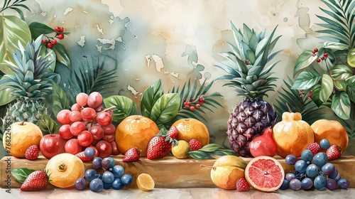A seamless pattern with tropical garden fruits. A watercolor jungle nature plant background in a tropical setting.