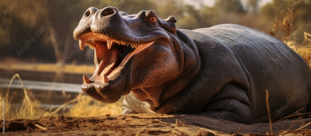 A powerful hippopotamus asserts its dominance in a field by opening its massive mouth. The display of territorial behavior is captured in this impressive moment.