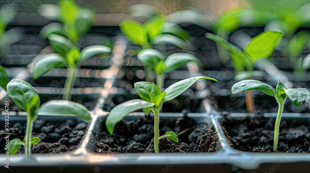 the delicate small seedlings nestled in a tray filled with black soil, against a vibrant spring background, promising growth for plants and vegetables. the delicate small seedlings nestled in a tray filled with black soil, against a vibrant spring background, promising growth for plants and vegetables.