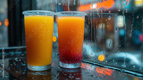 Two refreshing beverages in clear cups on a wet surface with a blurred city background through a rain-spattered window.