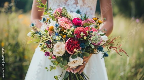 wedding bouquet of flowers in hands.