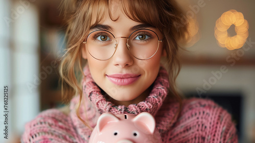Smiling woman with glasses holding a piggy bank, promoting savings and financial planning. photo