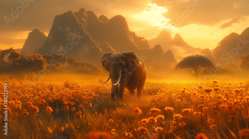 Elephant Standing in Field of Flowers © Prostock-studio