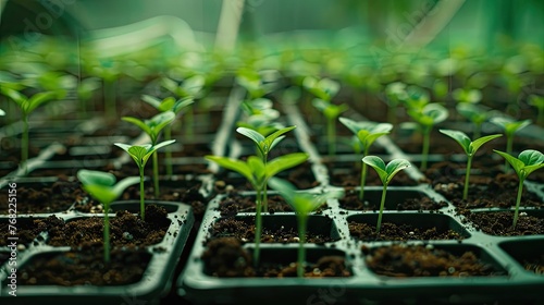 the delicate small seedlings nestled in a tray filled with black soil, against a vibrant spring background, promising growth for plants and vegetables.