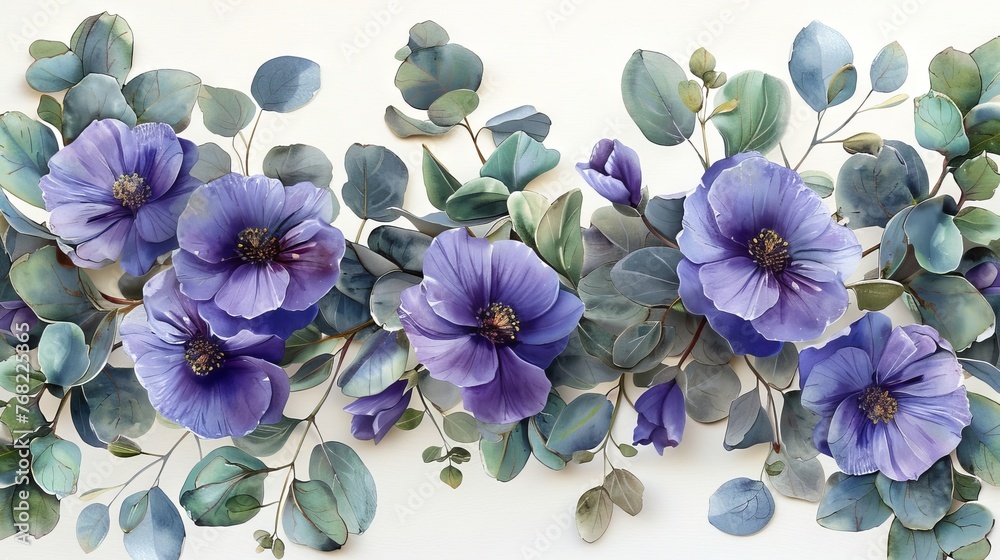 Handpainted watercolor banner with green eucalyptus leaves and purple flowers for invitations, weddings, or other greeting cards. - obrazy, fototapety, plakaty 