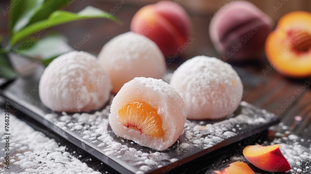 Close-Up photo of mochi dessert with peach. Traditional Japanese sweet rice cakes with sweet fillings. Close-Up photo of mochi dessert with peach. Traditional Japanese sweet rice cakes with sweet fillings.