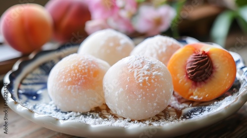 Close-Up photo of mochi dessert with peach. Traditional Japanese sweet rice cakes with sweet fillings.