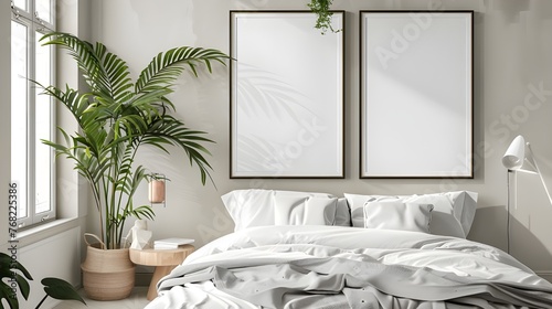 Poster mockup with two vertical frames on empty white wall in bedroom interior with bed  green plaid and plants. 3D rendering ai generated 