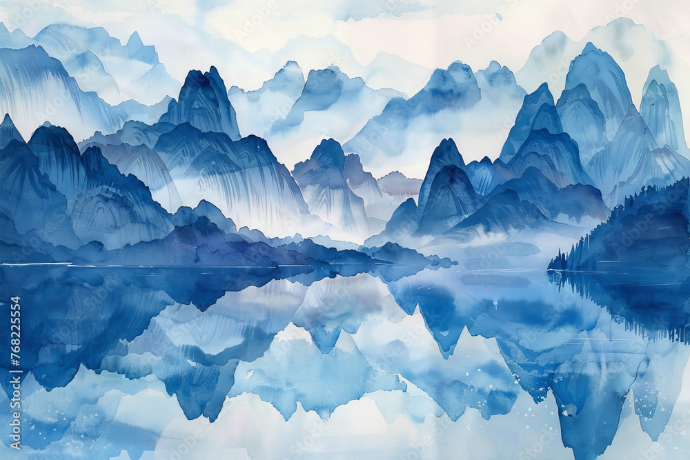 A painting of mountains and a lake with a blue sky in the background