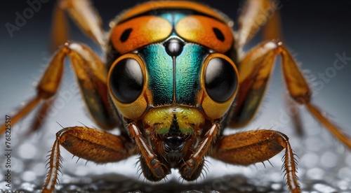 Generate an 8K close-up image of an insect showcasing intricate details such as its exoskeleton, antennae, and compound eyes. Zoom in to capture the mesmerizing textures, patterns, and colors unique t © Amjad