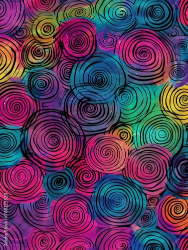 A vibrant multicolored background with various-sized circles in different colors and patterns