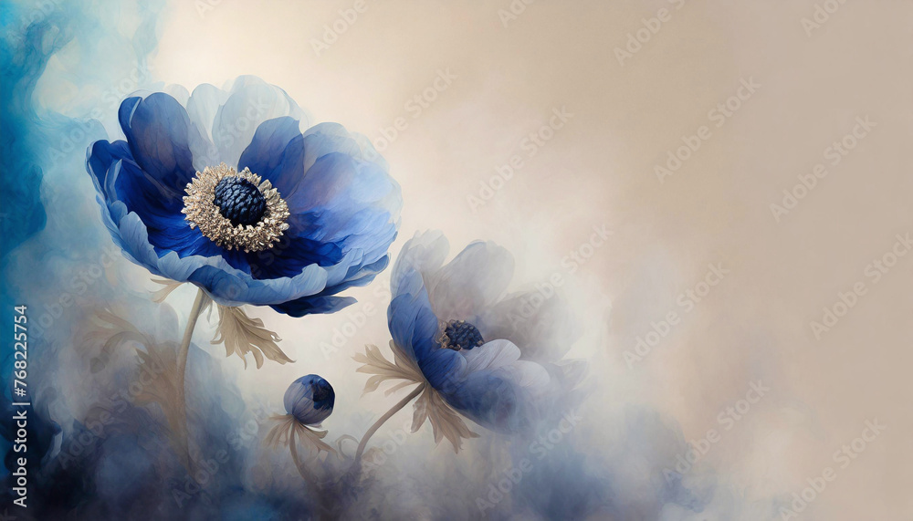 Tapeta w niebieskie kwiaty, granatowy wzór kwiatowy, puste miejsce na tekst, kartka na życzenia - obrazy, fototapety, plakaty 