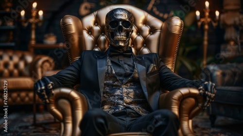 Working to death for money concept. Stylish greedy skull skeleton dressed in official business suit in golden rich chair. Advertising business company or brands.