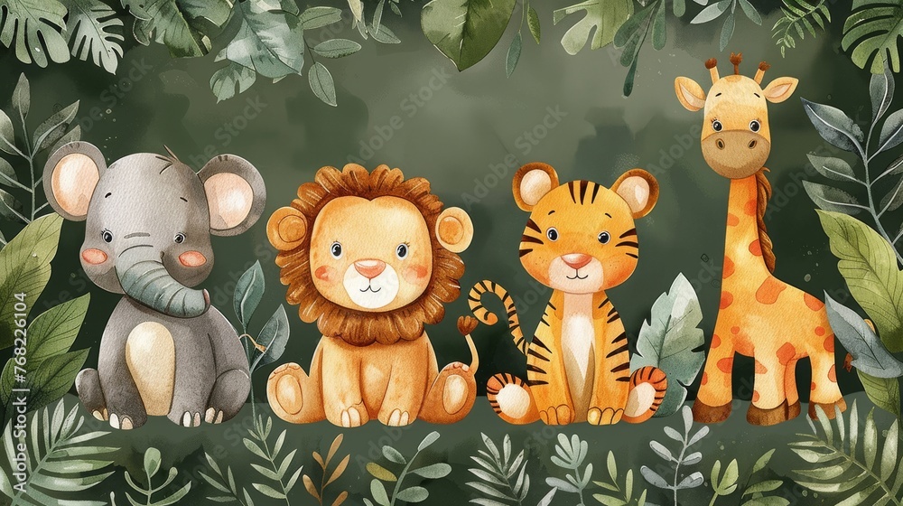 Naklejka premium Illustration of safari animals with a baby elephant, lion, tiger, zebra, rhinoceros, and giraffe in watercolor.