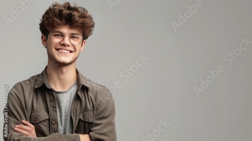 Young attractive man with a wonderful smile wearing fashionable spectacles against a neutral background with enough of copy space.