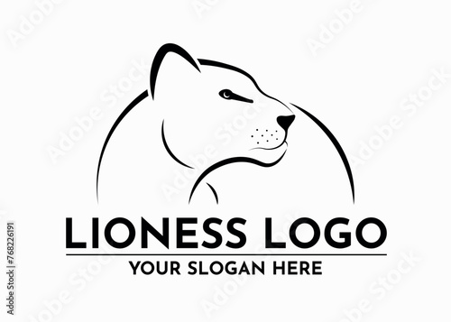 Fototapeta Naklejka Na Ścianę i Meble -  Lioness Logo with Brand and Slogan Insertion Female Lion Profile Face and Circular Body Icon Black Lines