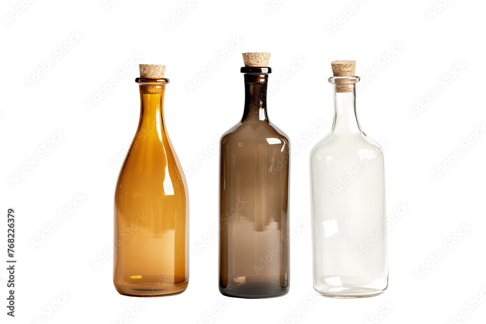 3 old colorful glass bottles, isolated on transparent background, Generative AI