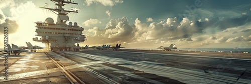 Fighter jet on the runway of an aircraft carrier in the open ocean, banner