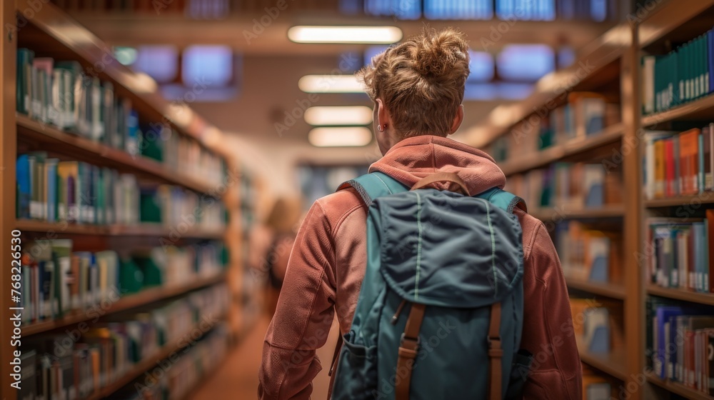 Young college student walking through library rows in search of literature for lecture Young college student walking through library rows in search of literature for lecture
