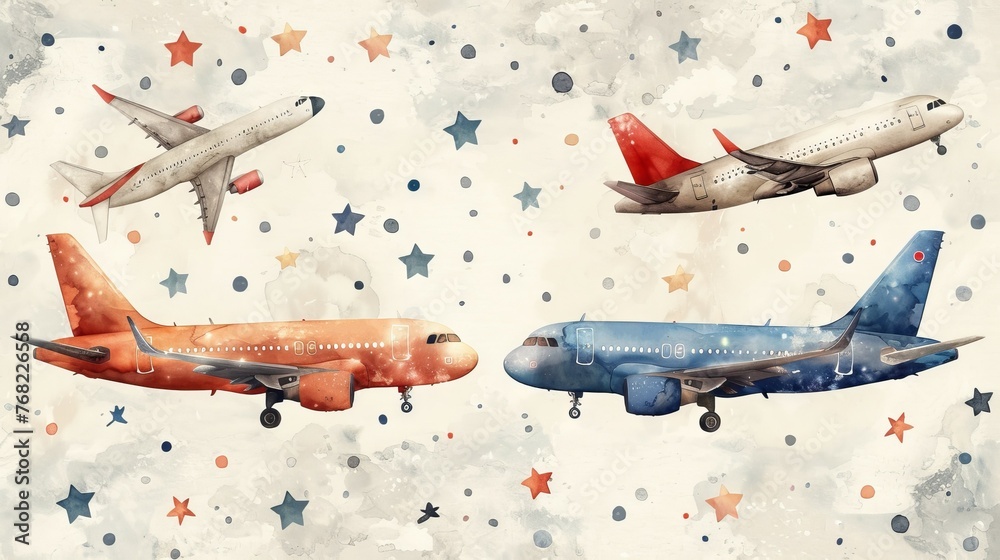 Woodland baby nursery animals with cars and planes watercolor illustration