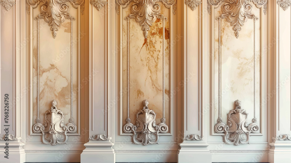 The three white pillars are ornate and have a classical design The three white pillars are ornate and have a classical design
