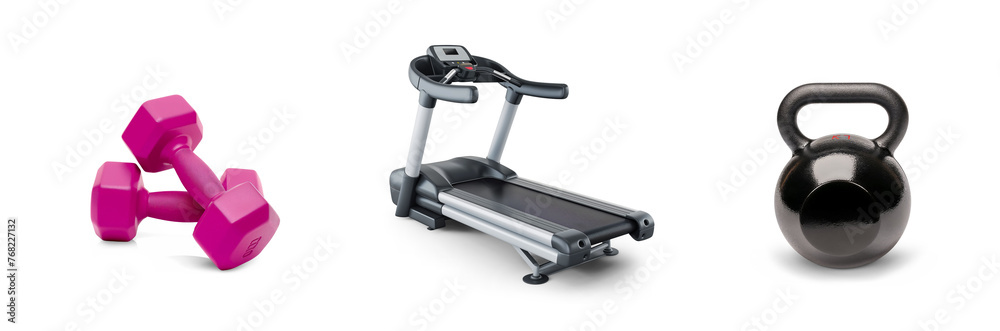 Fototapeta Title: gym weights and training fitness equipment, athletic active workout body building, bumbbells, treadmill and boxing gloves, punch bag set icons isolated on transparent png cutout background