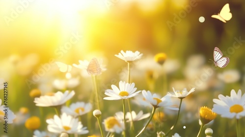 Beautiful white and yellow flowers meadow with fluttering butterfly on blurred sunlight. Spring in nature background.
