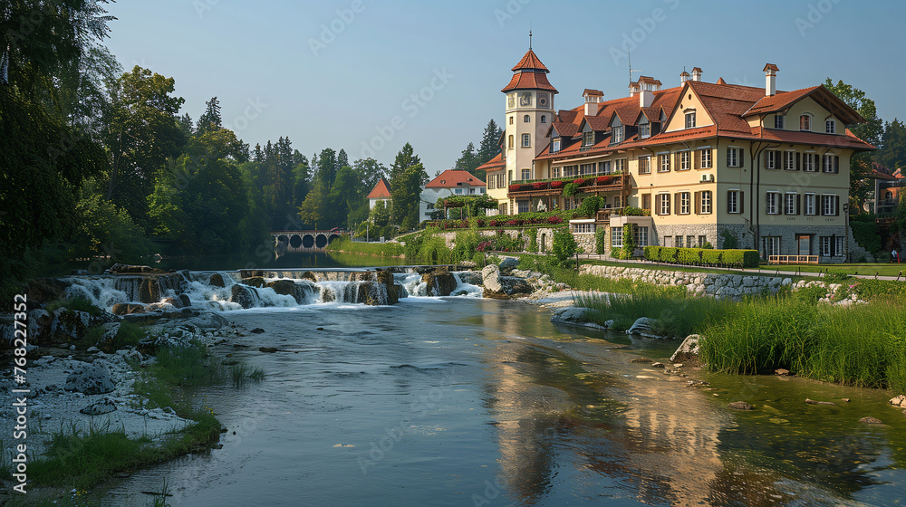 Idyllic riverside scenery with a grand traditional building amidst lush greenery and a small waterfall.