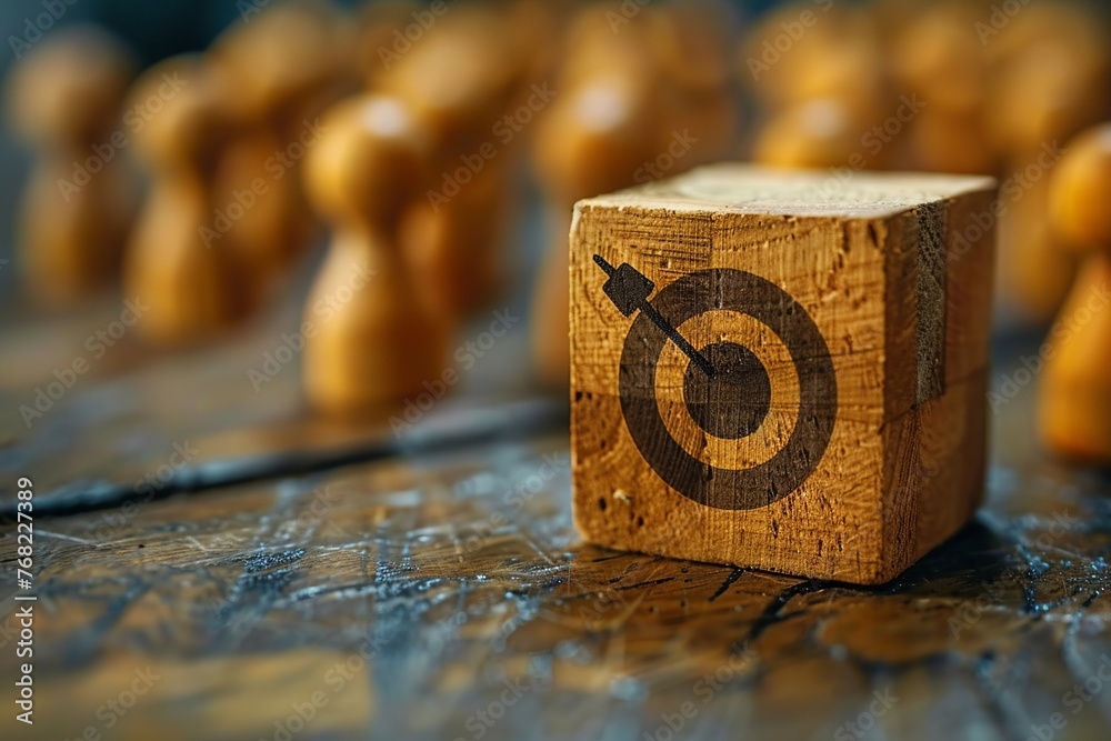 Experience a creative portrayal of customer relationship management through a wooden block adorned with a target icon, linked to human symbols representing a customer focus group Experience a creative portrayal of customer relationship management through a wooden block adorned with a target icon, linked to human symbols representing a customer focus group