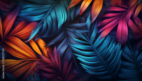  Abstract background with colorful tropical leaves. Generative AI