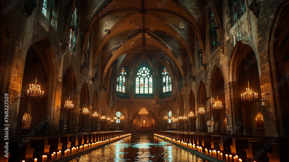 Majestic medieval cathedral interior with illuminated candles and gothic architecture.